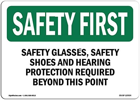 OSHA Safety שלט ראשון - משקפי בטיחות, נעלי בטיחות ושמיעה | סימן אלומיניום | הגן על העסק שלך, אתר העבודה, המחסן